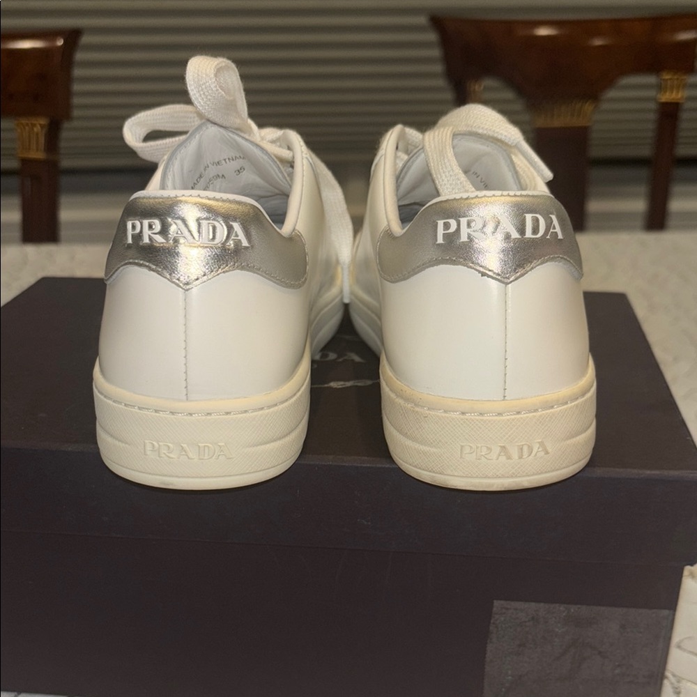 Prada White and Silver Logo Sneakers - Picture 2 of 6